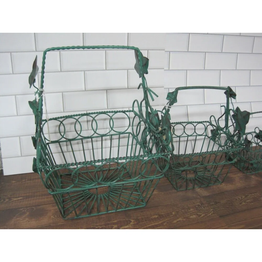 Lot of 3 Vintage Metal Wire Nesting Baskets Ivy Leaves w/ Handle NOS